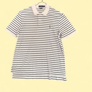 Ralph Lauren Men's Polo Shirt - Navy Blue and White Stripes
